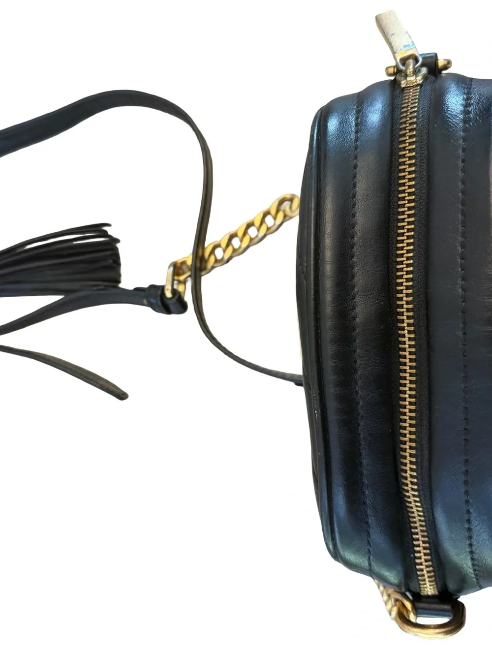 Tory Burch Black Quilted Leather Camera Crossbody with Gold Chain and Tassel